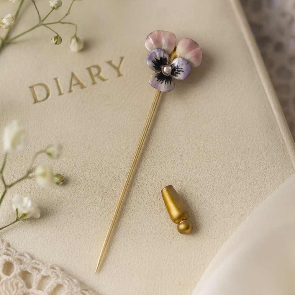 Antique 14K Gold Enamel Pansy Stickpin with Pearl | Edwardian Newark Era Jewelry